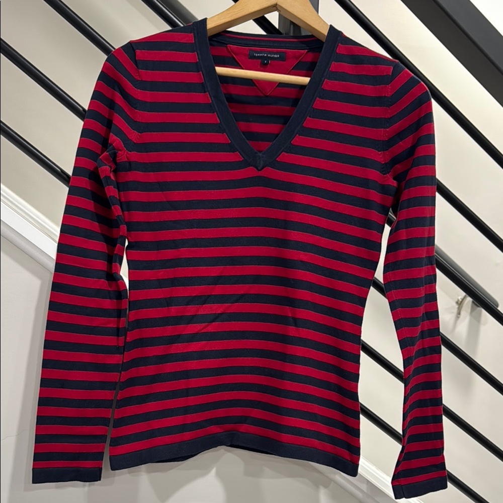 Tommy Hilfiger Striped V-Neck Long Sleeve Top - Red and Black